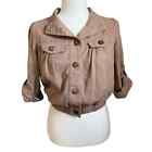 Mine Cropped Bumper Jacket Top Linen Button Up Small 3/4 Sleeve Brown Women's