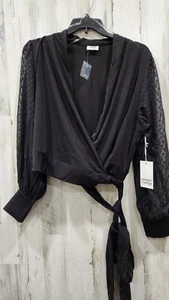 EINZIGARTIGES VINTAGE schwarzes langes transparentes Ärmel V-Ausschnitt Wickel Crop Top Gr. XS **neu mit Etikett** - Bild 1 von 6