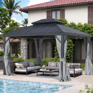 12x16FT Outdoor Hardtop Gazebo Double Roof Canopy With Curtain 1 Year Warranty - Picture 1 of 14