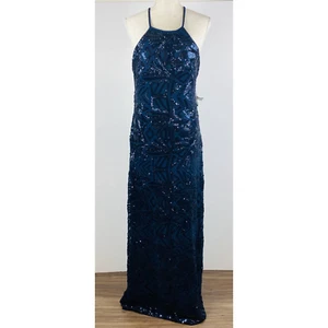 Night Way Navy Blue Sequins Maxi Dress with Criss Cross Back Women's Size 10 NWT - Picture 1 of 5