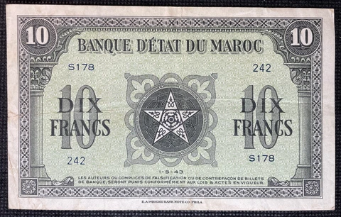 Morocco 1943 10 Francs Pick# 25 Circulated Banknote Cover