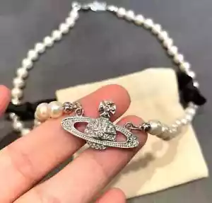 Authentic Vivienne Westwood Silver White Pearl Necklace Choker Chain with Bag - Picture 1 of 4