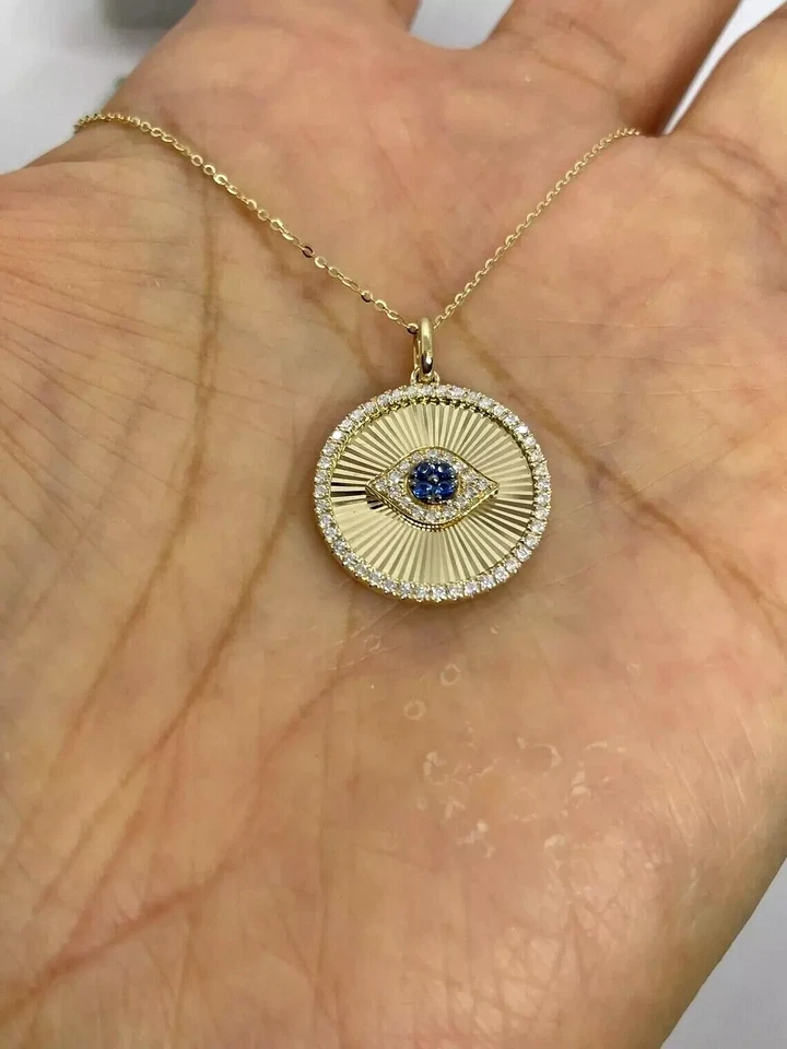 Colgante Mal de Ojo Zafiro Azul Corte Redondo 1C Oro Amarillo 14K Sobre Cadena Gratis Foto 1 de 1