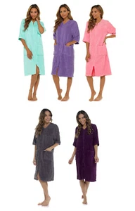 Damas/Mujeres Algodón Terry Cremallera Frontal Vestido Albornoz Abrigo Bata - Imagen 1 de 12