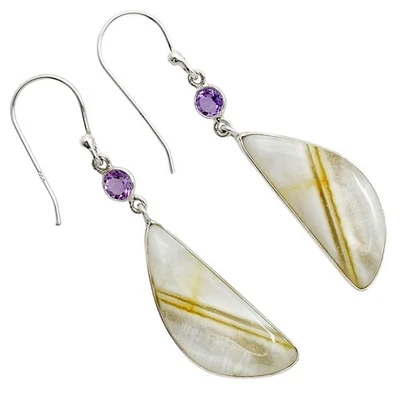 Pendientes de plata de ley 925 con bandas naturales de ónix y amatista E-1002 Foto 1 de 4