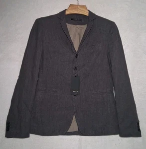 Zara Men's Basic Dark Gray Linen Cotton Blend Summer Sport Coat Blazer Size 38 - Picture 1 of 15