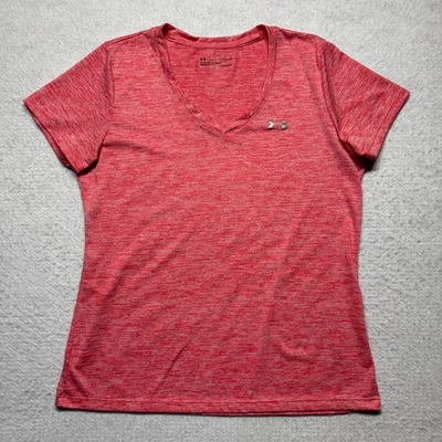 Under Armour Loose Fit V-Neck Heat Gear T Shirt Heathered Coral Pink Women's L - Image 1 of 4