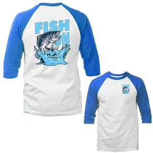 Fish On Splashing Trout Outdoor Sports Fishing 3/4 Sleeve Raglan - Picture 1 of 10
