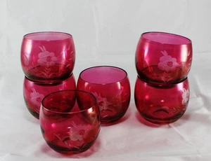 Cranberry Color Etched Cut Glass Clear Flower Tumblers Drinking Glasses 6 Pc - Picture 1 of 12