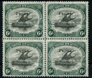 PAPUA 1907 6d SMALL "PAPUA" SG43 INVERTED "d" FOR "p" IN BLOCK OF 4 (2 MNH) - Picture 1 of 2