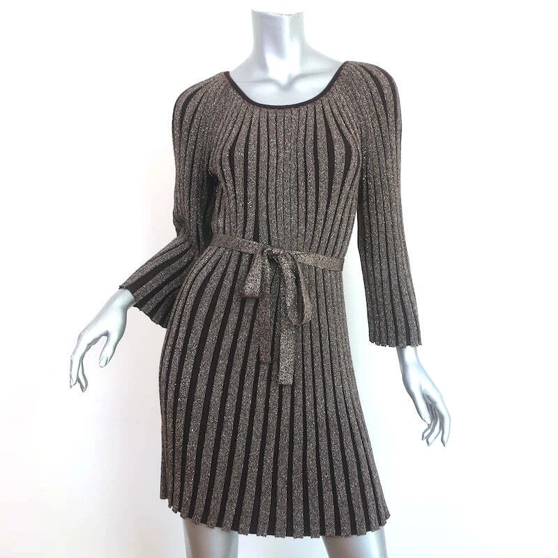 Alice + Olivia Belted Mini Dress Gold/Brown Metallic Ribbed Knit Size Medium - Image 1 of 4