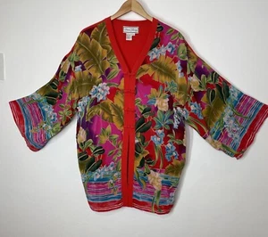 Diane Gilman 100% Silk Colorful Tropical Kimono Tunic Red/Multi Size Women's 1X - Bild 1 von 8
