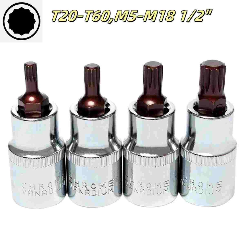 Torx Star & Spline Socket Bit Set Drive Sockets Metric Bit  T20-T60,M5-M18 1/2" - Image 1 of 4