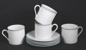(4) DANSK  White w/ Gray Blue Rim TAPESTRIES Dinnerware: CUPS & SAUCERS 6"D - Picture 1 of 3