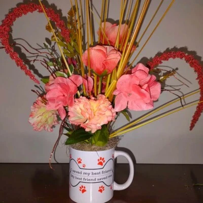DOG Lovers Mug with silk flower arrangement. Pink Roses and Carnations - Image 1 of 4