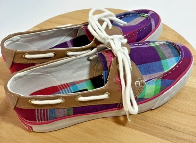 US POLO ASSN Mujer Mate MADRAS Púrpura Rosa Cuadros Cubierta de Barco Tenis Zapatos Talla 7 Foto 1 de 4