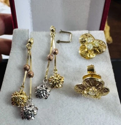 New 18K 750 Fine SAUDI Real Gold Dangle & 14K Real Diamond Earring 2 Set 6.53g - Image 1 of 4