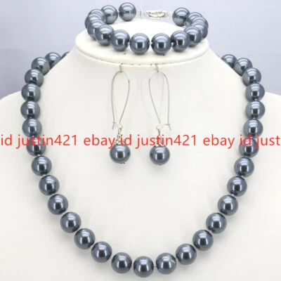 8/10/12mm South Sea Shell Pearl Round Beads Necklace Bracelet Earrings Set 18'' - Image 1 of 4
