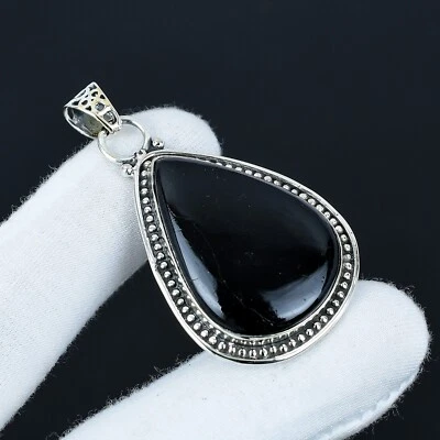 Naturale Pera Onice Nera 925 Argento Sterling Artigianale Ciondolo Natale Giorno - Immagine 1 di 4