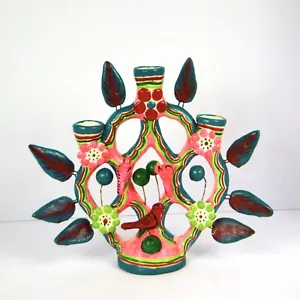 Mexican Folk Art Tree of Life 3 Candle Stick Holder Candelabra Pink Blue Birds - Picture 1 of 19