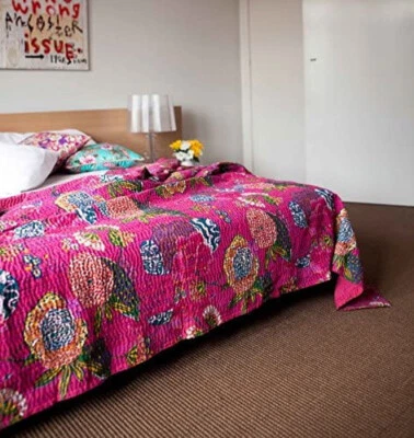 Fruit Print Magenta Pink Throw Kantha Quilt Cotton Bedding Quilt 90"x60 In - Image 1 of 4