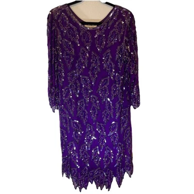 Vestido Scala De Colección Seda M Púrpura Cuentas Lentejuelas Formal Fiesta Vacaciones Evento Cóctel Foto 1 de 4