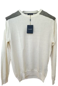 PAUL&SHARK sz L SWEATER LINEN THIN JUMPER CREW NECK PULLOVER CHECK CREAM LUXURY - Picture 1 of 7