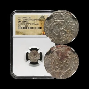 LIVONIA. 1663, 1 Solidus, Silver - NGC UNC - Carl XI, Sweden, Riga, Griffin 040 - Picture 1 of 9