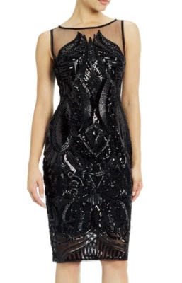  Adrianna Papell ~ черная сетка блестки иллюзия ярмо оболочка платье 2 новый  - Изображение 1 из 4