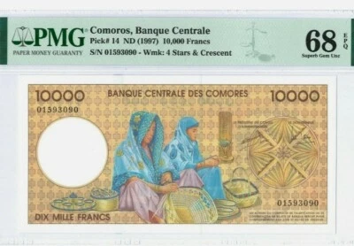 1997 COMOROS 10000 Francs PMG68 EPQ SUPERB GEM UNC [P-14] - Image 1 of 2