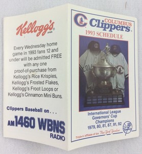 1993 Columbus Clippers Baseball Pocket Schedule - Kellogg's