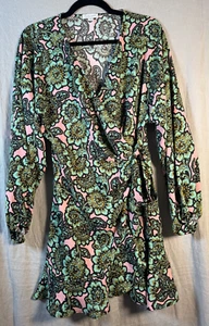 Topshop Women's Floral Ruffle V Neck Mini Wrap Dress Size 8 US Turquoise Pink - Picture 1 of 18