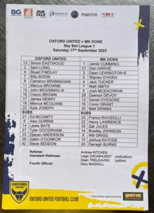 Oxford United v M.K.Dons Official A5 T-Sheet -League 1 - 17/09/2022 -For Charity - Picture 1 of 1