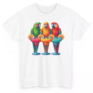 Parrots Drinking Margarita Hawaiian T-shirt - Funny Tropical Birds Vacation Tee - Picture 1 of 53