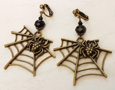 OHRCLIPS CLIPS  GOTHIC BRONZE SPINNE SPINNENNETZ SCHWARZE KRISTALLPERLEN - Bild 1 von 2
