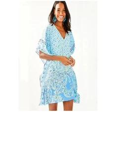 Lindamarie Mixed Print Silk Caftan In Bondi Blue Scuba Doo Engineered Caftan S/M - Picture 1 of 5
