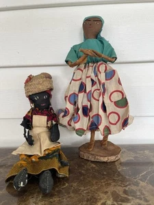 2 Antique Primitive Folk Art African American Cloth Rag Doll Handmade 1 w/wood - Picture 1 of 19