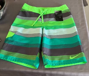 Nike Swin Trunks Boys Striped Neon Green Teal&Grey Beech Pool Size L NWT - Picture 1 of 6