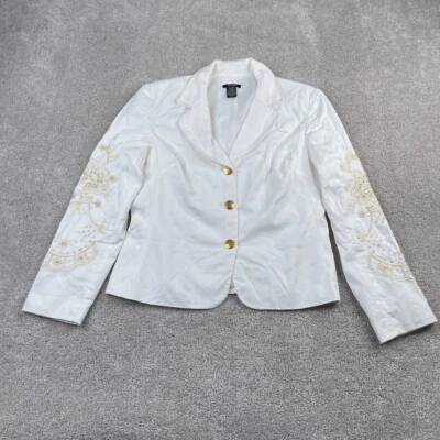 Chaqueta Bob Mackie Mujer 10 Blanco Elástico Algodón Blazer Dorado Bordado Cuentas Foto 1 de 4