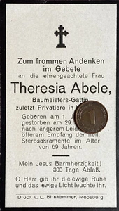 Sterbebild Totenzettel Moosburg Abele Theresia Braumeistersgattin 1921 (STB2) - Bild 1 von 1