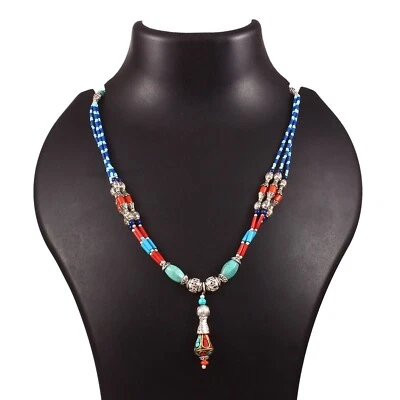 Turquoise, Coral, Lapis Gemstone Tibetan 925 Sterling Silver Necklace Jewelry 18 - Image 1 of 4