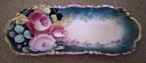 Antique Porcelain Oval Roses Plate Hand Painted Signed Clement Gold Trim - Picture 1 of 4