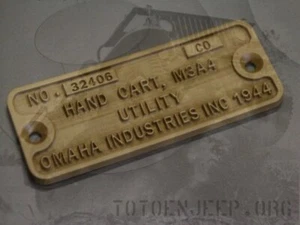 PLAQUETTE PLATE PLAQUE RESINE HAND CART M3A4 OMAHA UTILITY  JEEP WILLYS US WW2 - Imagen 1 de 1