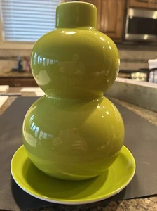 Crate & Barrel Yoko Double Gourd Lime Green Ceramic Vase  8.75”H W/ 6.5” Plate - Picture 1 of 6