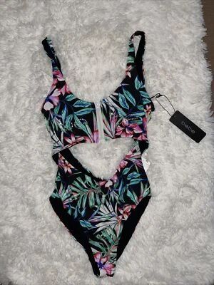 Bebe цельный плавать монокини сексуальный купальный костюм молнии стразы кристаллы цветочный S - Изображение 1 из 4