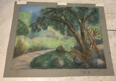 Pintura de dibujo original Jeanne Regis carbón jardín madera escena sin marco Foto 1 de 4