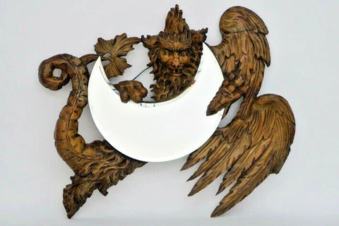 Large Antique French Wood carved dragon gothic head mirror sickle Attr VIARDOT Cover