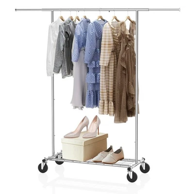Foldable Heavy-Duty Silver Clothes Rack Single Rod Wheels 150LBS Capacity 1Pack - Image 1 of 4