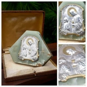 Eucaristia bella targa Art Nouveau bronzo argentato su marmo onice firmata... - Foto 1 di 5