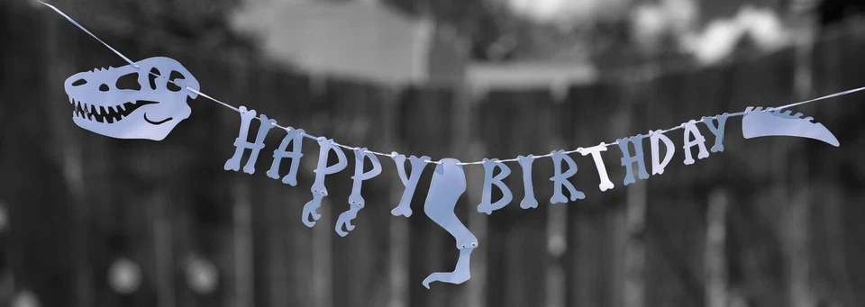 Guirnalda de fiesta con tema de banderín de huesos de feliz cumpleaños de dinosaurio decoración para niños Foto 1 de 4